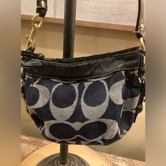 Coach‎ Zoe Mini Blue Denim Signature Jacquard Black Leather Shoulder Bag … - Picture 1 of 11